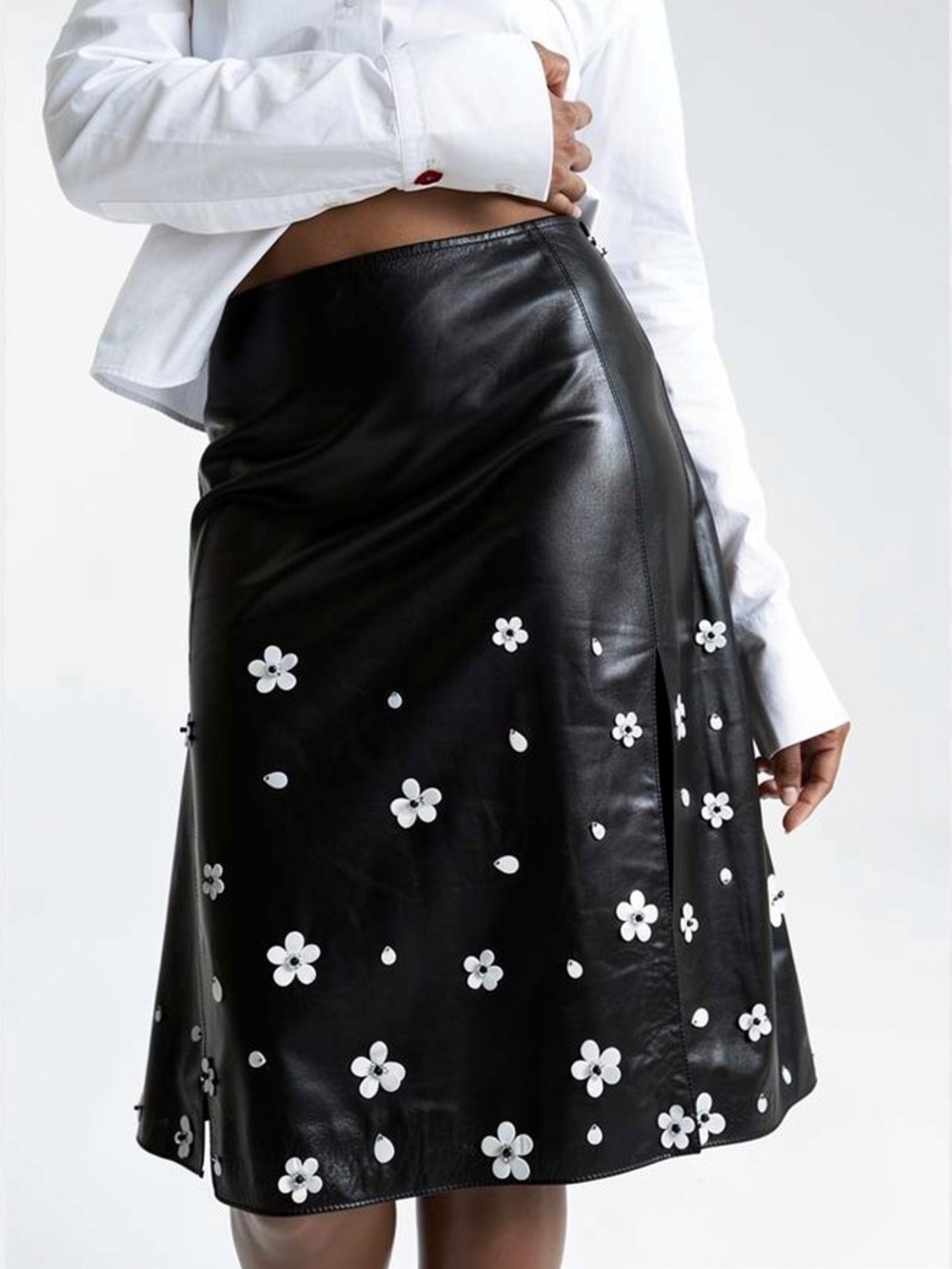 Luca Luca Archival Leather Skirt with Mother-of-Pearl & Lace Detail